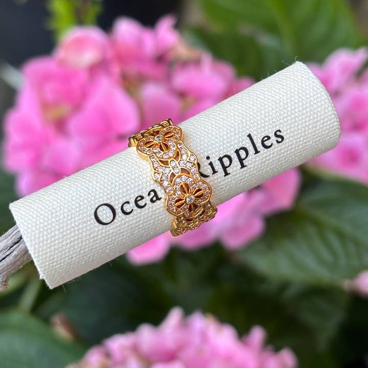 Ocean Ripples - Wholesale Multi-Stone Ring - 18ct Gold Plated Cubic Zirconia Flower Lace Ring 2