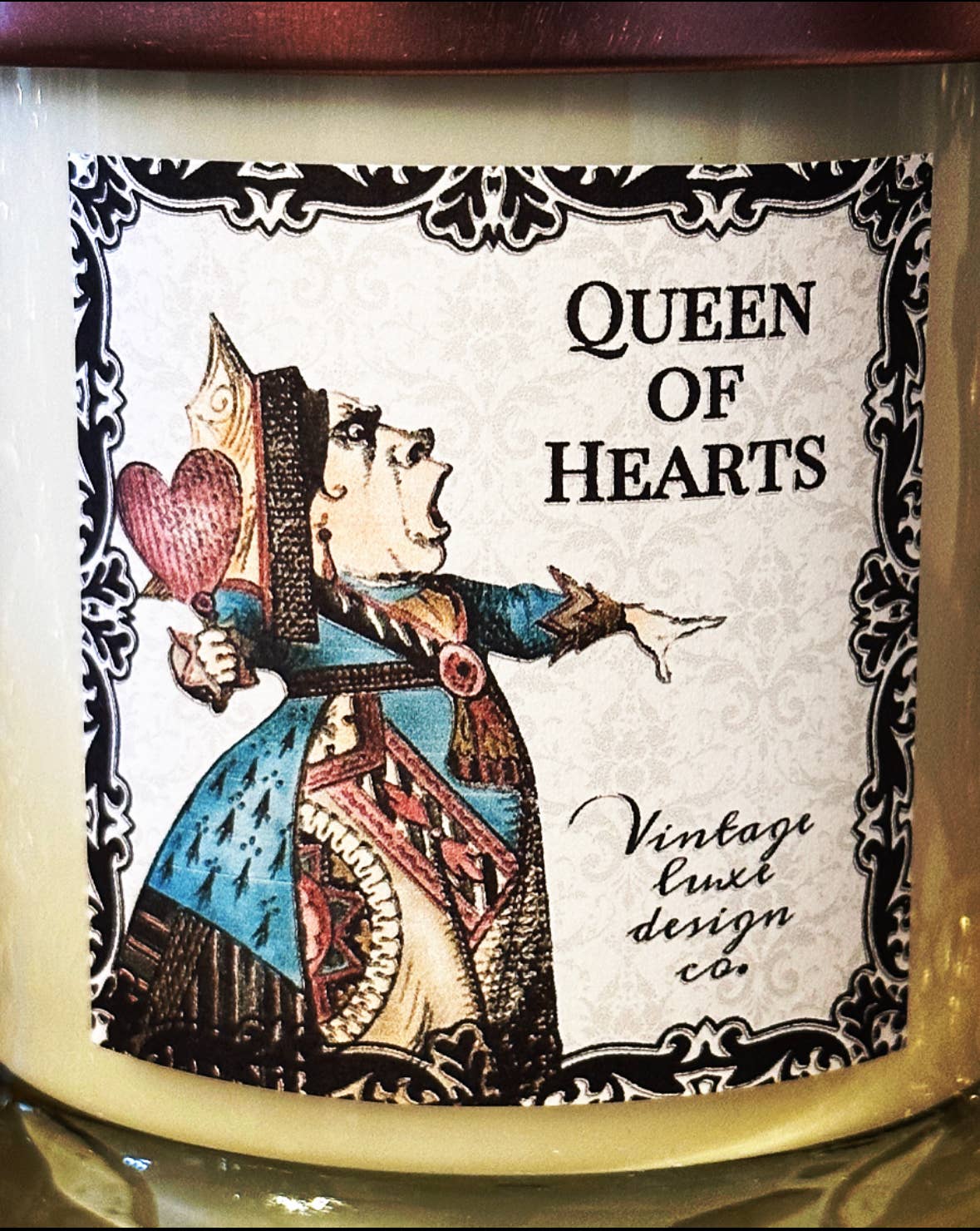 Vintage Luxe Design Co. - Wholesale Jar/Filled Candle - Queen of Hearts Alice Wonderland 10 Oz Soy Wax Candle4