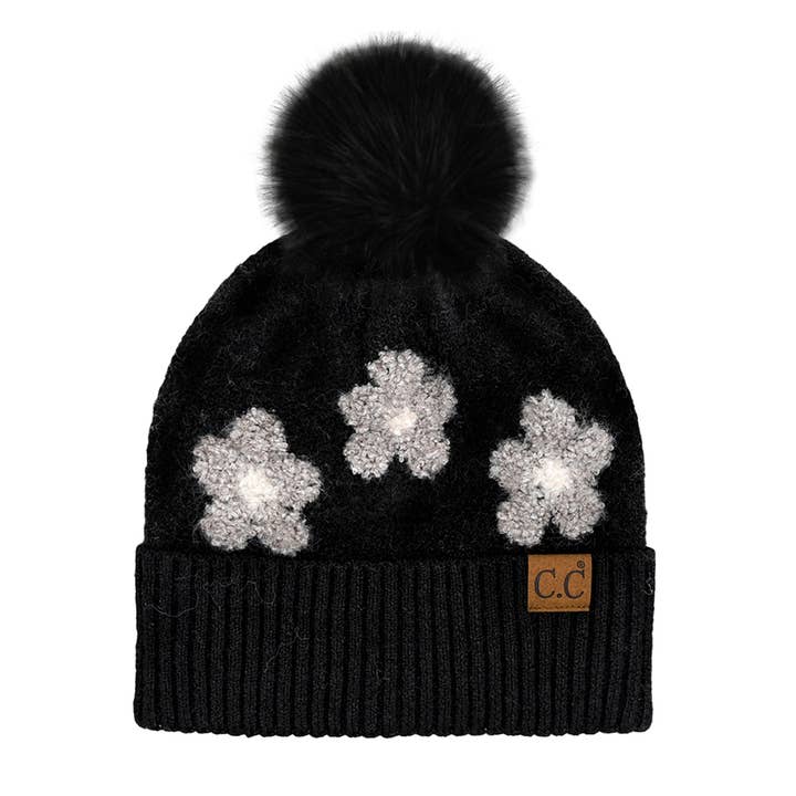 Fashion City - Wholesale Beanie - Women's - Daisy Patterned Cuff Beanie with Pom Pom