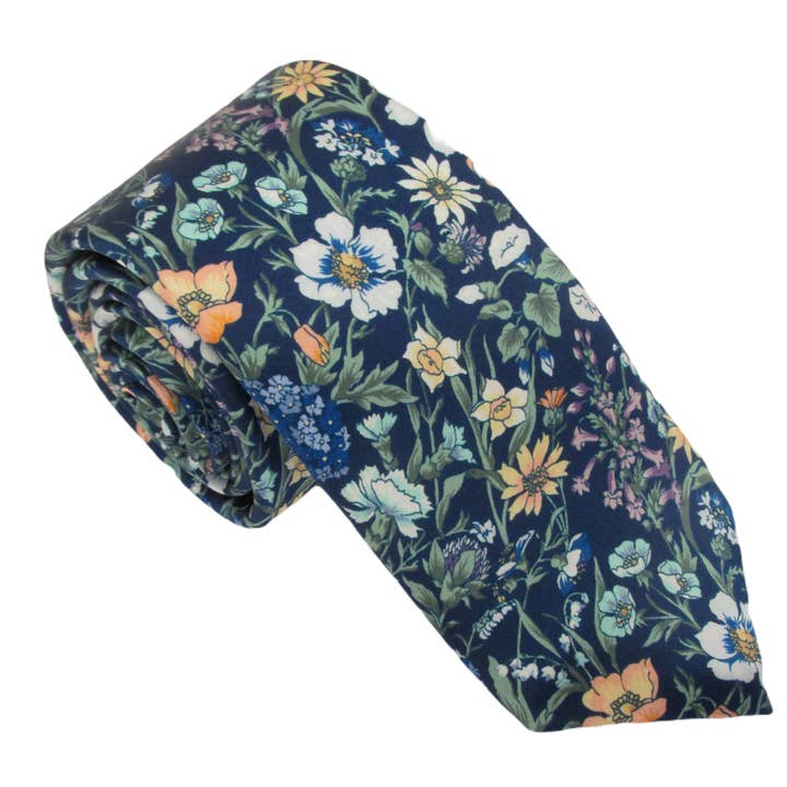 Rachel Navy Silk Tie Made with Liberty Fabric for wholesale by Cecil Jones