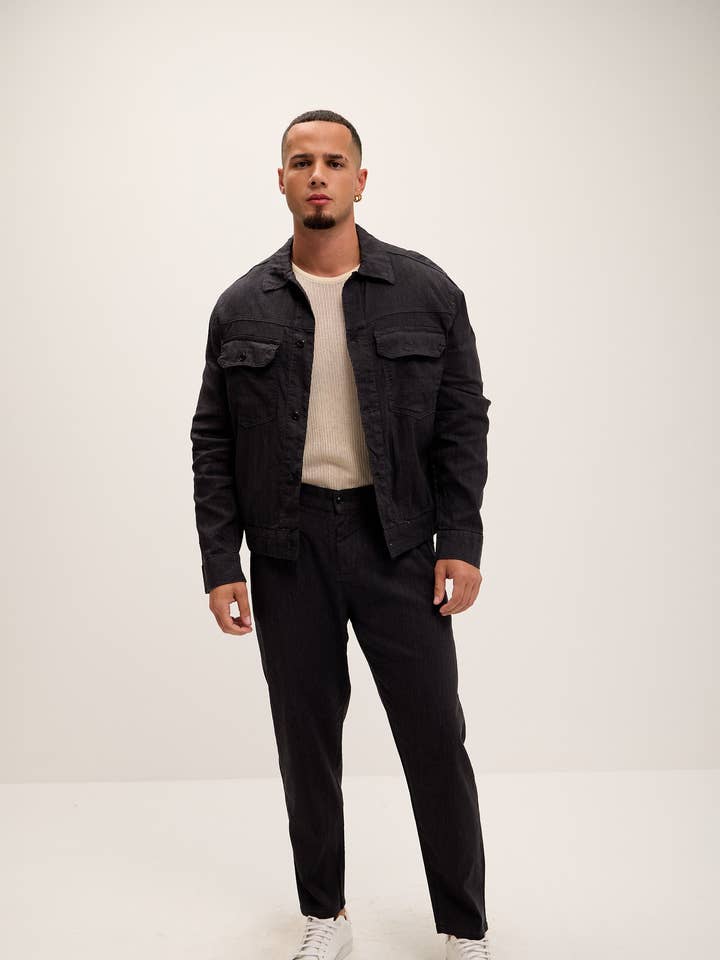 Utility-overhemdjack van linnenmix - Zwart voor wholesale door Ron Tomson