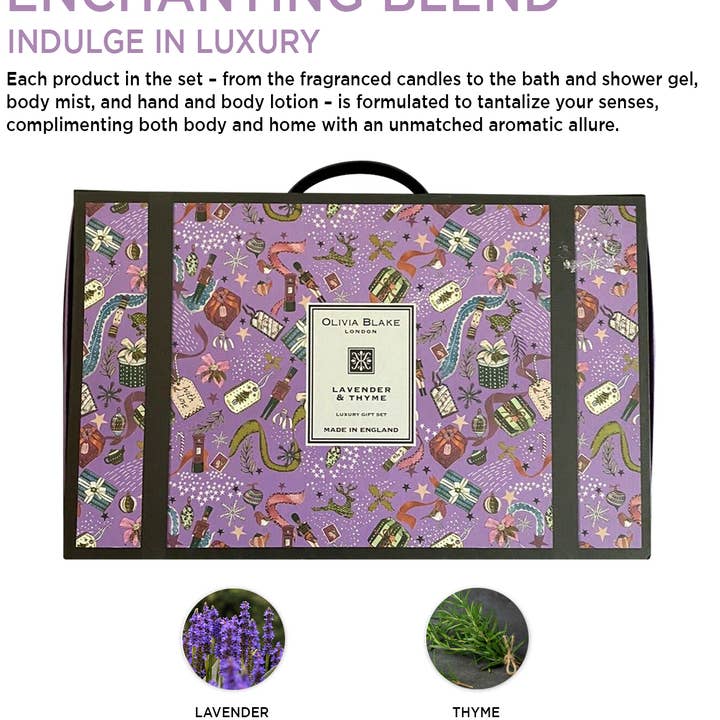 Coffret cadeau de luxe Olivia Blake à la lavande et au thym - Bougies parfumées, gel de bain, brume corporelle, lotion pour les mains et le corps - Fabriqué en Angleterre pour la vente par Prestige Beauty Boutique