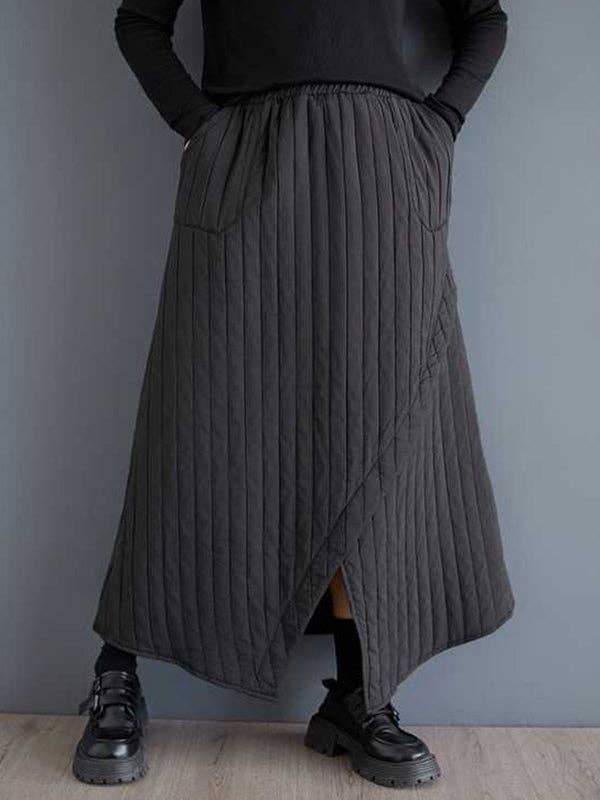 BLACK High Waisted Loose Asymmetric Elasticity Pockets Quilted Solid Color Skirts Bottoms for wholesale on Faire0