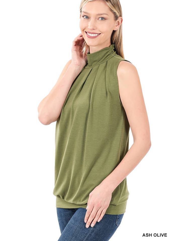42POPS - Wholesale Blouse - Women's - ...._ SI-22453 SLEEVELESS HIGH NECK PLEATED TOP WITH WAISTBAND