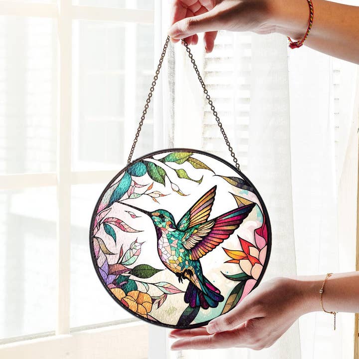 Attrape-soleil en vitrail de colibri, art en verre de fleur de pavot pour la vente par NVC Ecommerce LLC