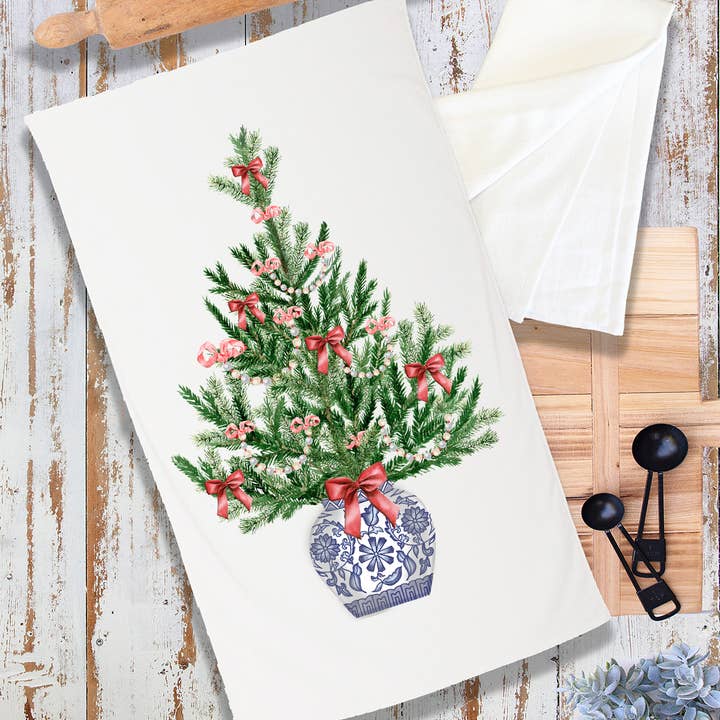Chinoiserie Christmas Tree Terry Towel for wholesale by Avery Lane Gifts