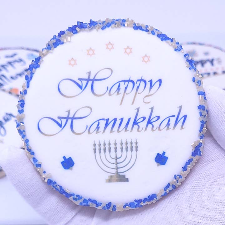 Happy Hanukkah Royal Iced Border Cookies for wholesale by Wild Angel Treats, LLC