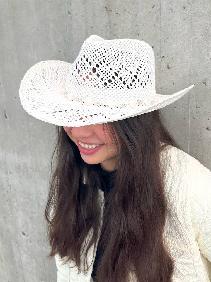 HAT2496 Nava Straw Flared Western Hat w/ Beaded Band for wholesale by Jen & Co.