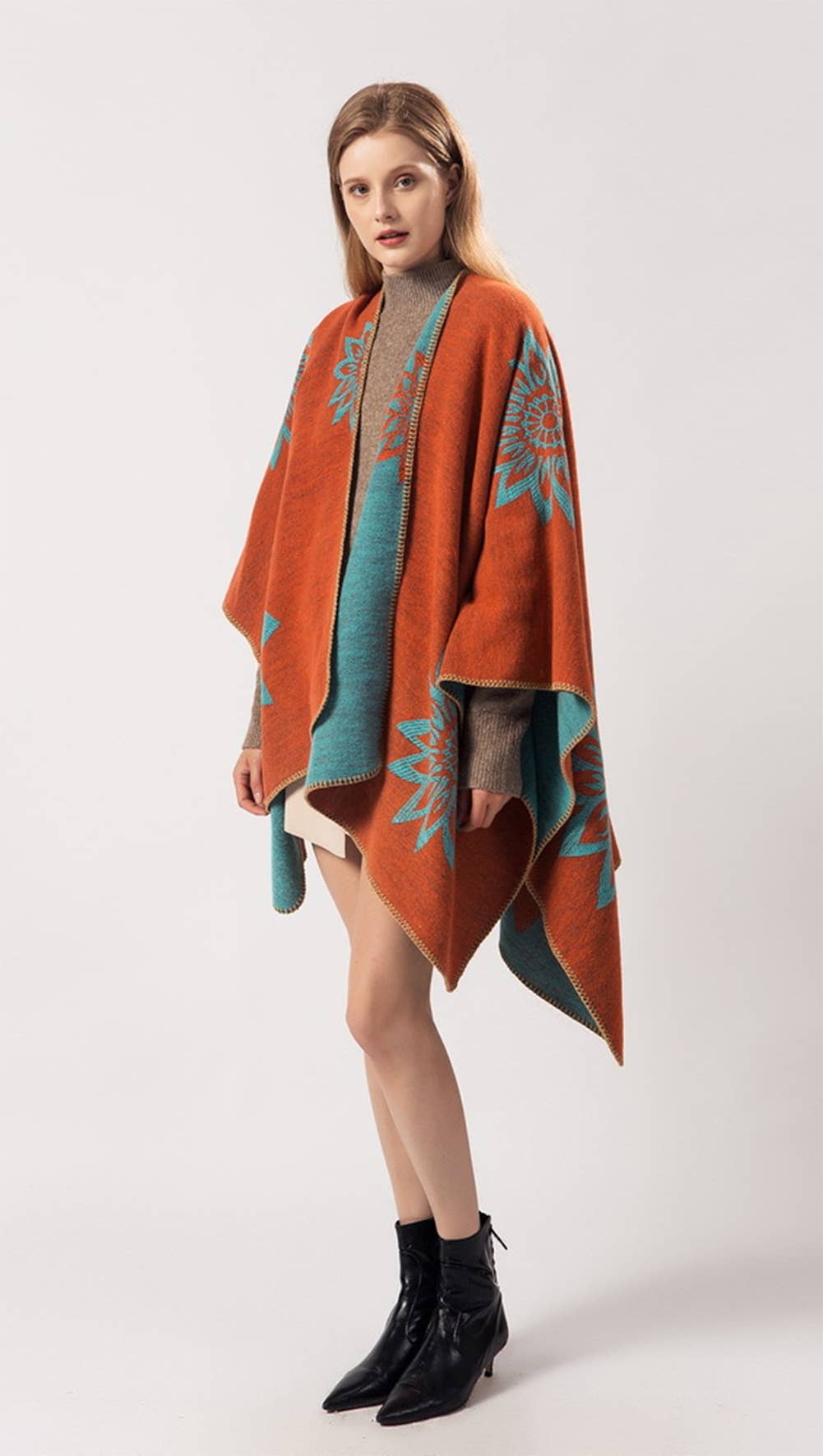 Fennco Styles - Vendita all'ingrosso Poncho - Donna - Cardigan a mantella con poncho aperto sul davanti arancione vintage in terracotta2