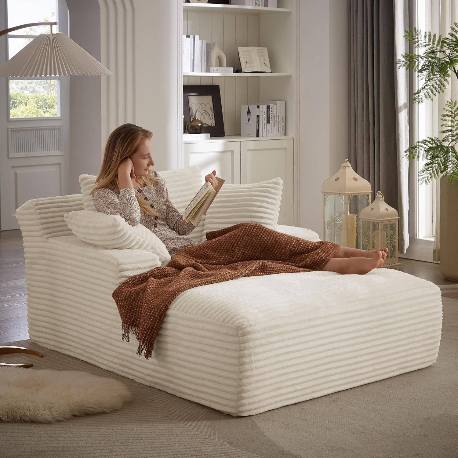 50-Inch Oversized Corduroy Chaise Lounge Chair in White with Pillows for wholesale on Faire6