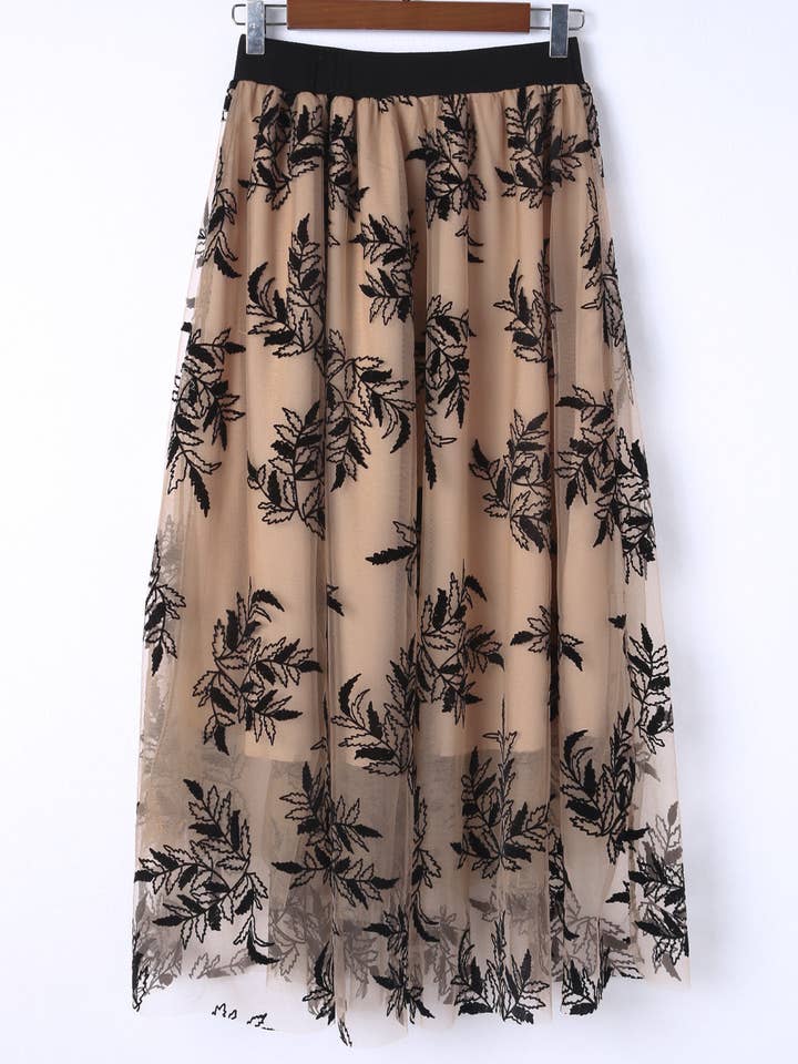 Apricot Floral Leaves Embroidered High Waist Maxi Skirt for wholesale on Faire