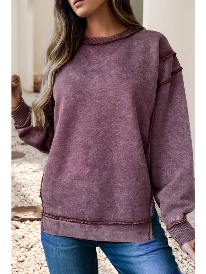 Little Daisy Closet - Wholesale Sweatshirt - Women's - LDC Minera Wash Exposed Seam Split Pullover Sweatshirt