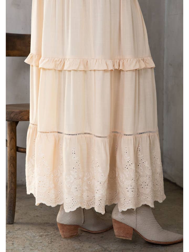 Natural Retro Boho Embroidered Ruffled Maxi Kimono Robe for wholesale on Faire
