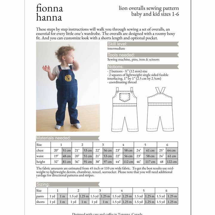 Fionna Hanna - Vendita all'ingrosso Kit da cucito creativo - Cartamodello per bambini con tute da leone