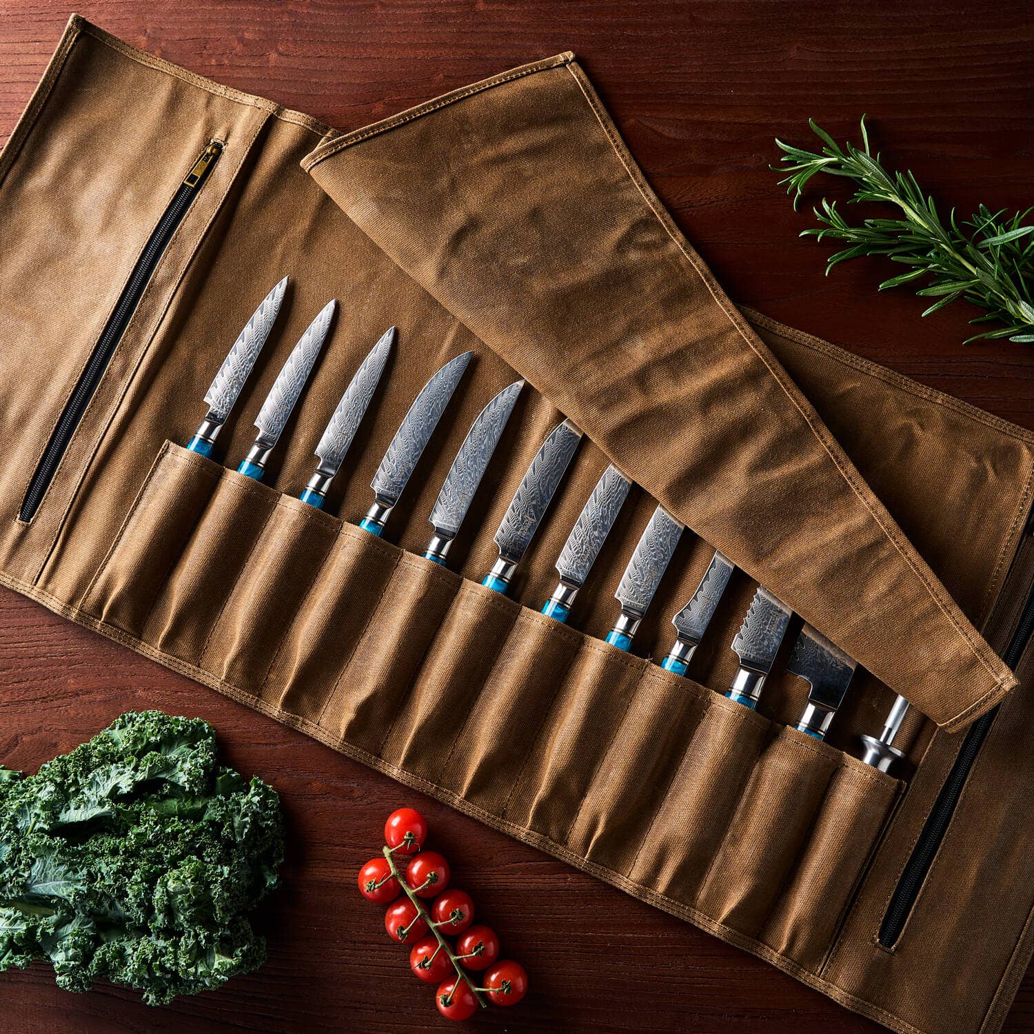 Senken Knives – wholesale Knife storage – Leather Oil-Waxed Chef Knife Roll Bag with Shoulder Strap6