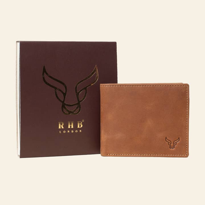 Portefeuille bifold mince pour homme en cuir véritable 'JACK' Tan avec RFID pour la vente par Assots London
