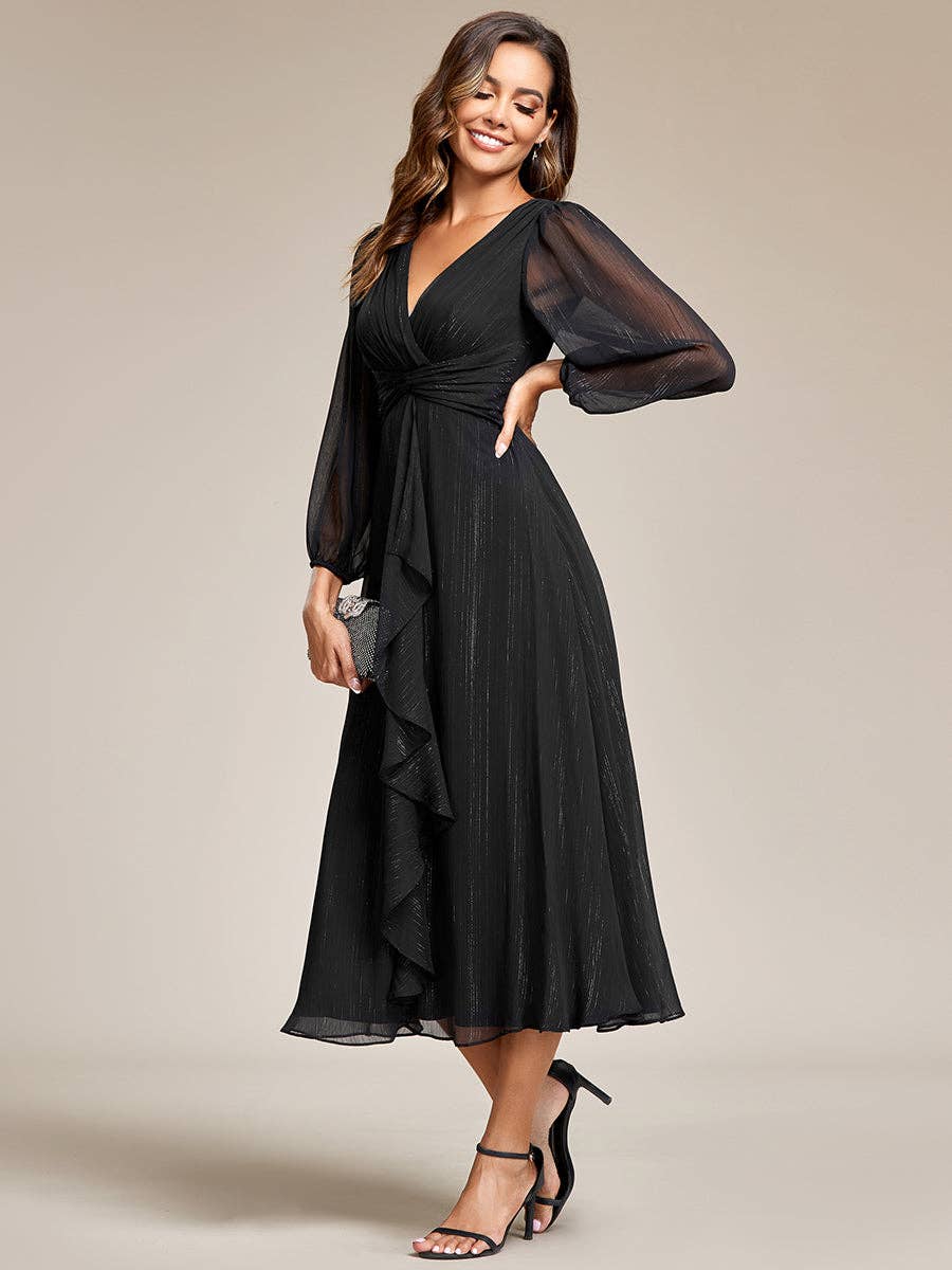 Ever-Pretty - Vente Robe de soirée – femme - Robe scintillante en mousseline pour invitée de mariage à manches longues1
