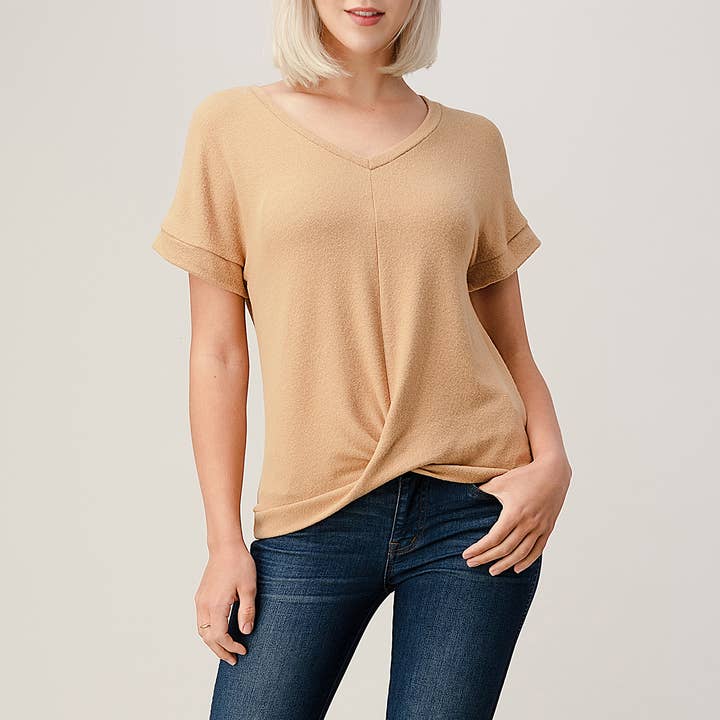 Heimious - Wholesale Knit Top - Women's - Twist Front Short Sleeve Brushed Knit Top, T3568