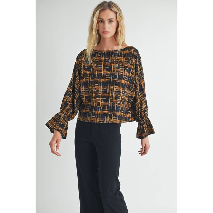 Black PLAID PRINT BOAT NECK BLOUSE for wholesale on Faire