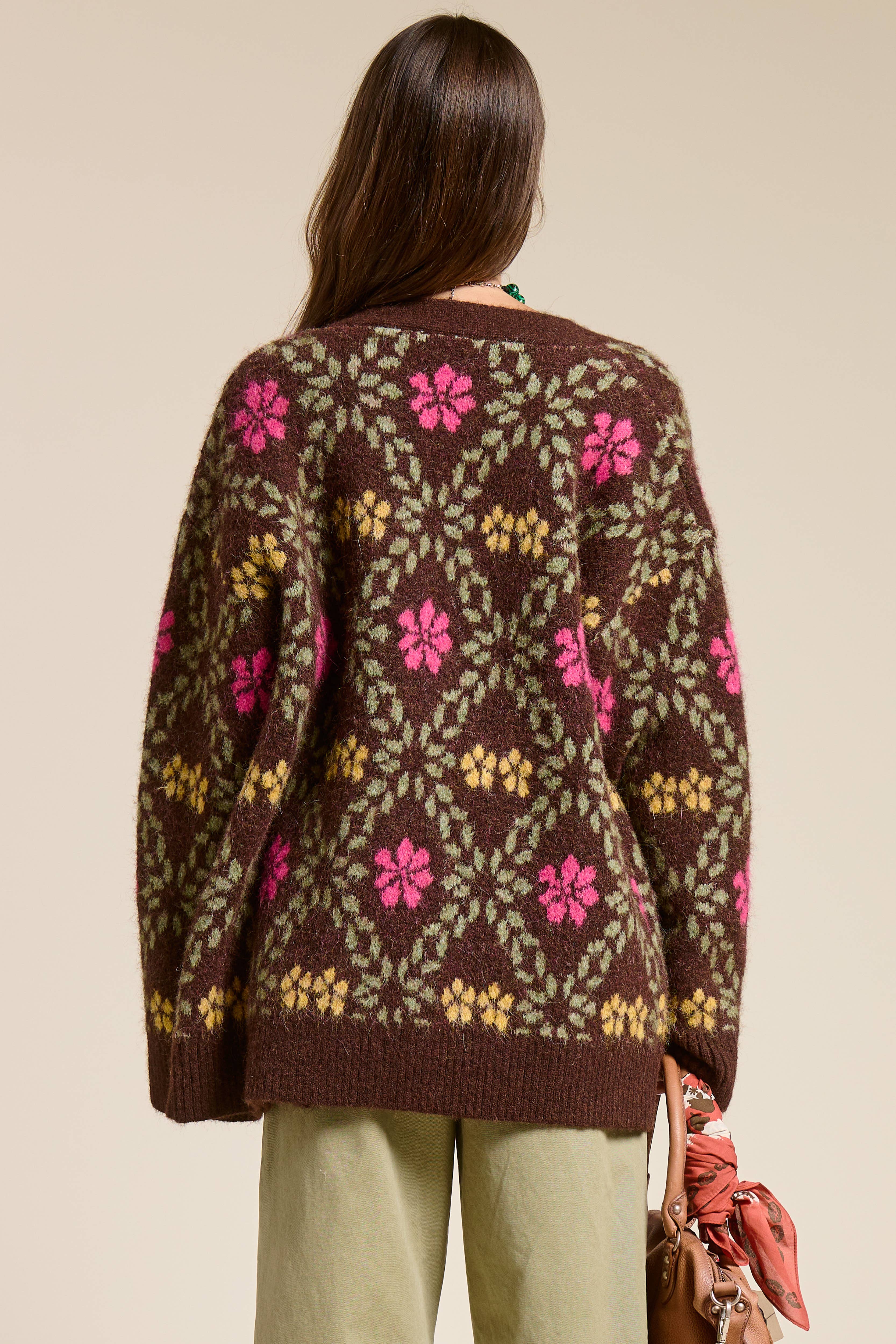 Mimosa - Wholesale Cardigan - Women's - Retro Floral Print Fuzzy Knit Cardigan12