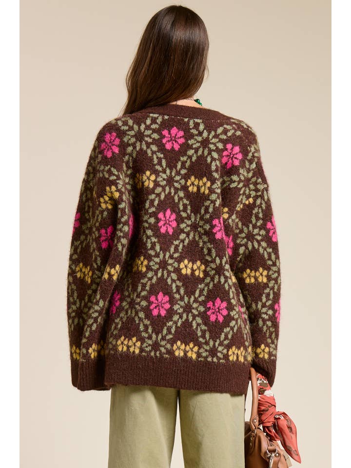 Mimosa - Wholesale Cardigan - Women's - Retro Floral Print Fuzzy Knit Cardigan12