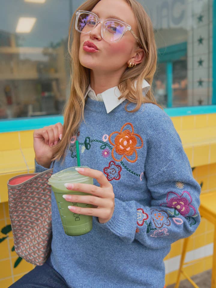 &MERCI - Wholesale Knit Sweater - Women's - FLORAL EMBROIDERY PULLOVER SWEATER MSW1096323