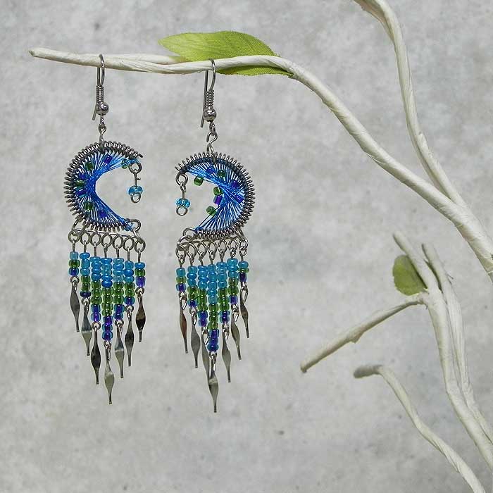 Pichincha - Wholesale Dangle Earrings - Thread Crescent Moon Long Beaded Metal Dangle Earrings4