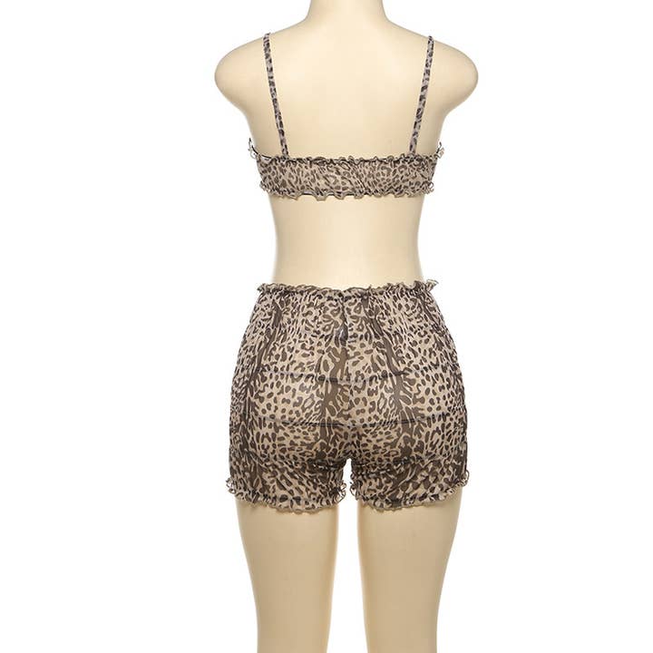 Brown Sexy Leopard Print Lace Top Cake Shorts Two-Piece Set for wholesale on Faire