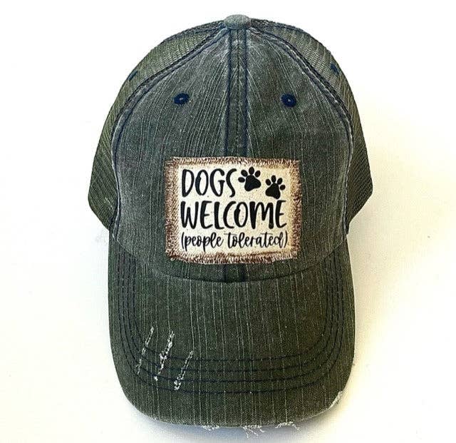 Jana's Flannels - Wholesale Trucker Hat - Unisex - DOGS WELCOME PEOPLE TOLERATED DISTRESSED TRUCKER HAT