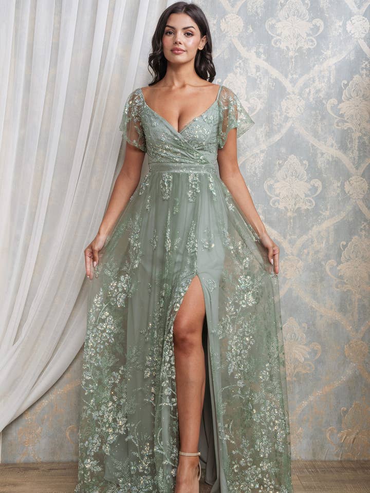 Rosemore Couture - Wholesale Gown - Women's - Glitter Sequined Flutter Sleeve Maxi Dress 13