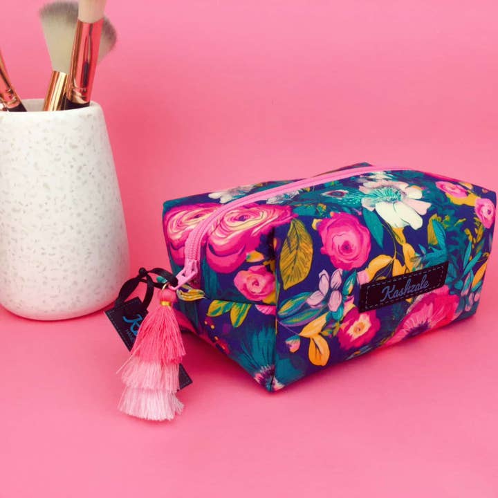 Navy and Pink Floral Medium Box Makeup Bag. for wholesale by Kashzale Handmade Cosmetic Bags
