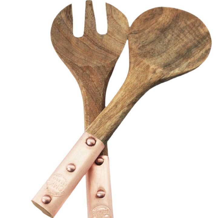Vintage Inspired Wood Serving Utensils with Copper Details for wholesale by Coppermill Kitchen LLC