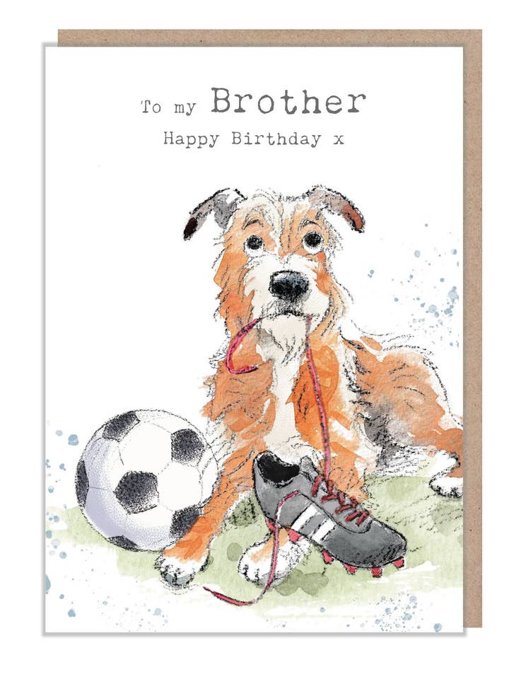 Carte d'anniversaire Brother - Chien avec chaussures de football pour la vente par Paper Shed Design Ltd
