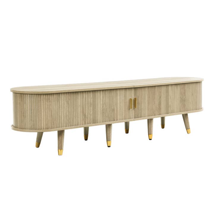 Meuble TV avec portes coulissantes en bois MDF couleur chêne et accents dorés 175x38x45cm LATEXGLOB pour la vente par Urban Meuble