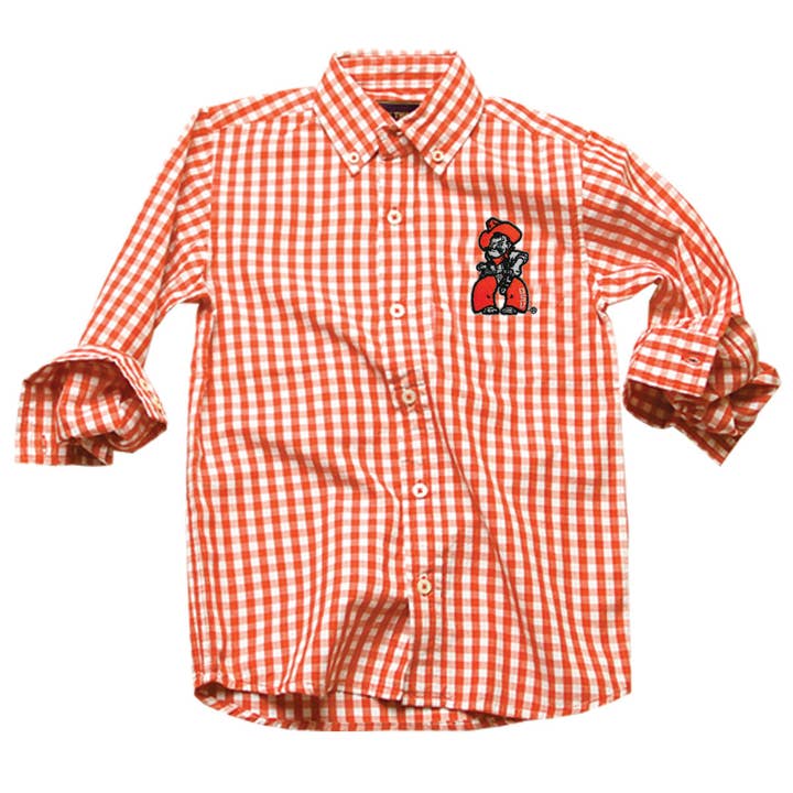 Oklahoma State Cowboys Youth Boys LS Gingham Shirt for wholesale by Wes and Willy