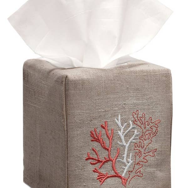 Jacaranda Living - Wholesale Tissue Box - Tissue Box Cover, Natural Linen, Embroidered