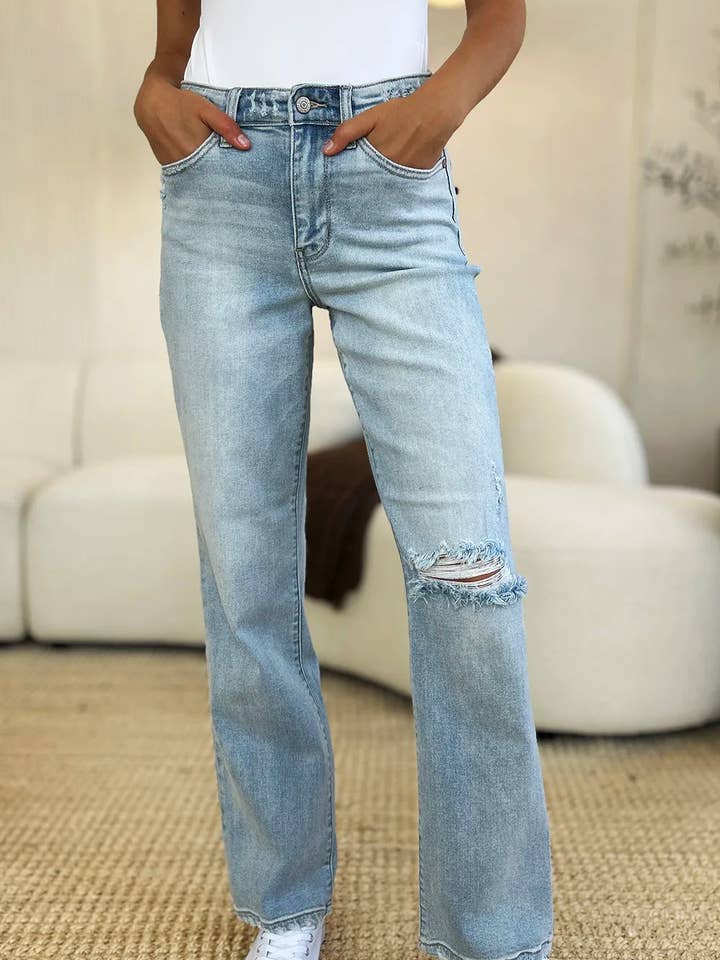 Judy Blue Full Size High Waist Distressed Straight Jeans for wholesale by Queenado