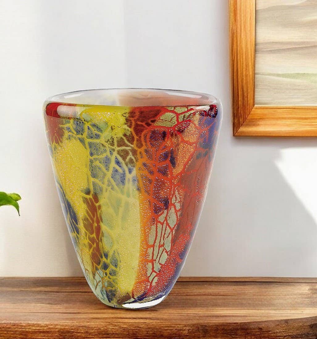 HomeRoots - Wholesale Vase - 8"Orange Red and Yellow Murano GlassAbstract Oval Table Vase0