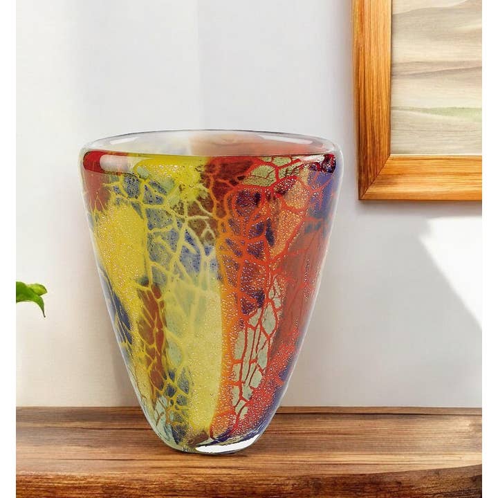 HomeRoots - Wholesale Vase - 8"Orange Red and Yellow Murano GlassAbstract Oval Table Vase