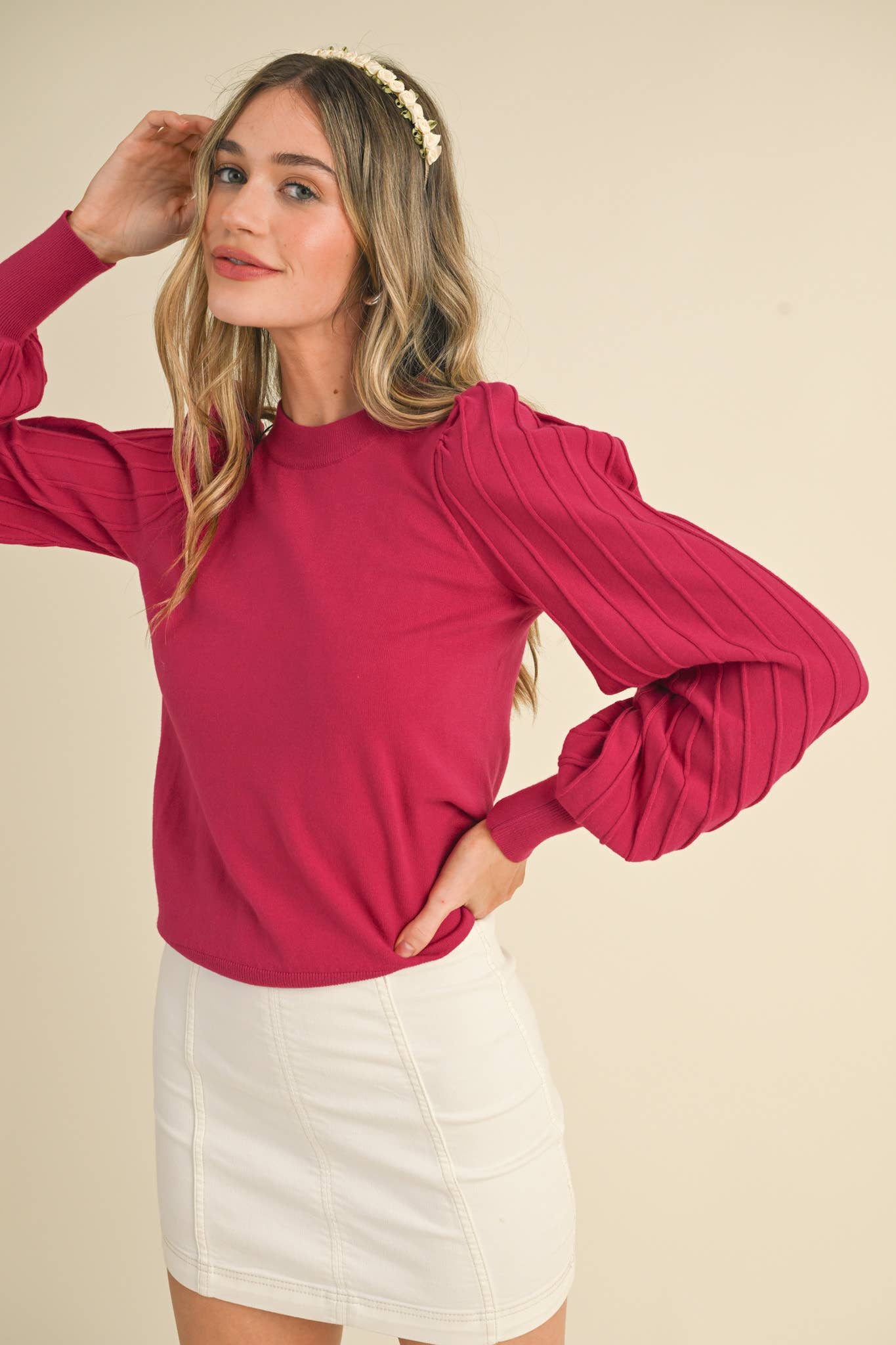 &MERCI - Wholesale Knit Sweater - Women's - STRIPE TEXTURE PUFF SLEEVE SWEATER MSW948511