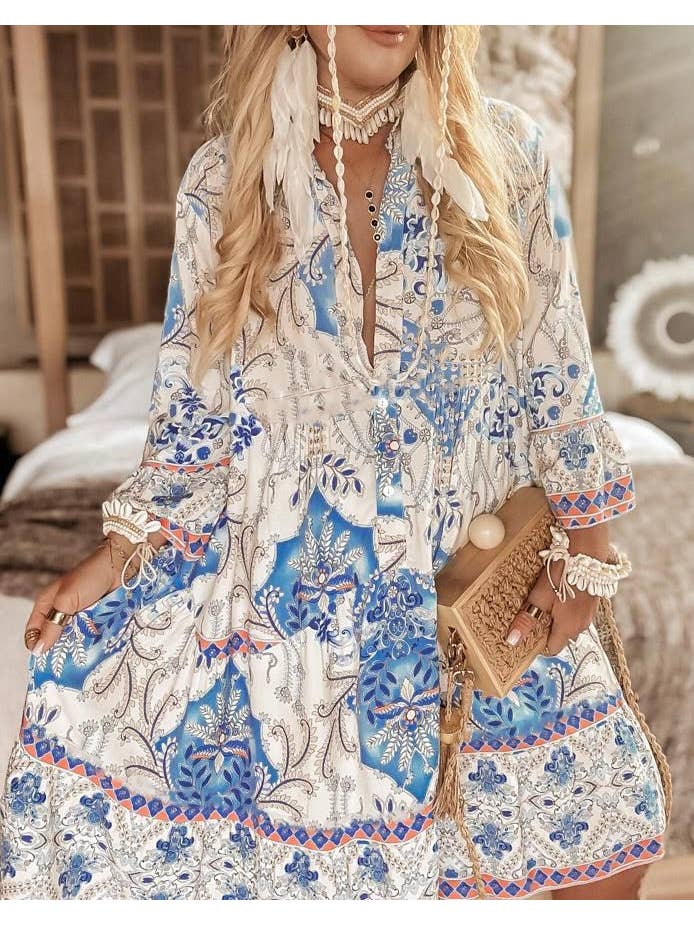 Kurt Muller - Wholesale Dress - Women's - Blue and White Boho Print Smock Tunic Dress