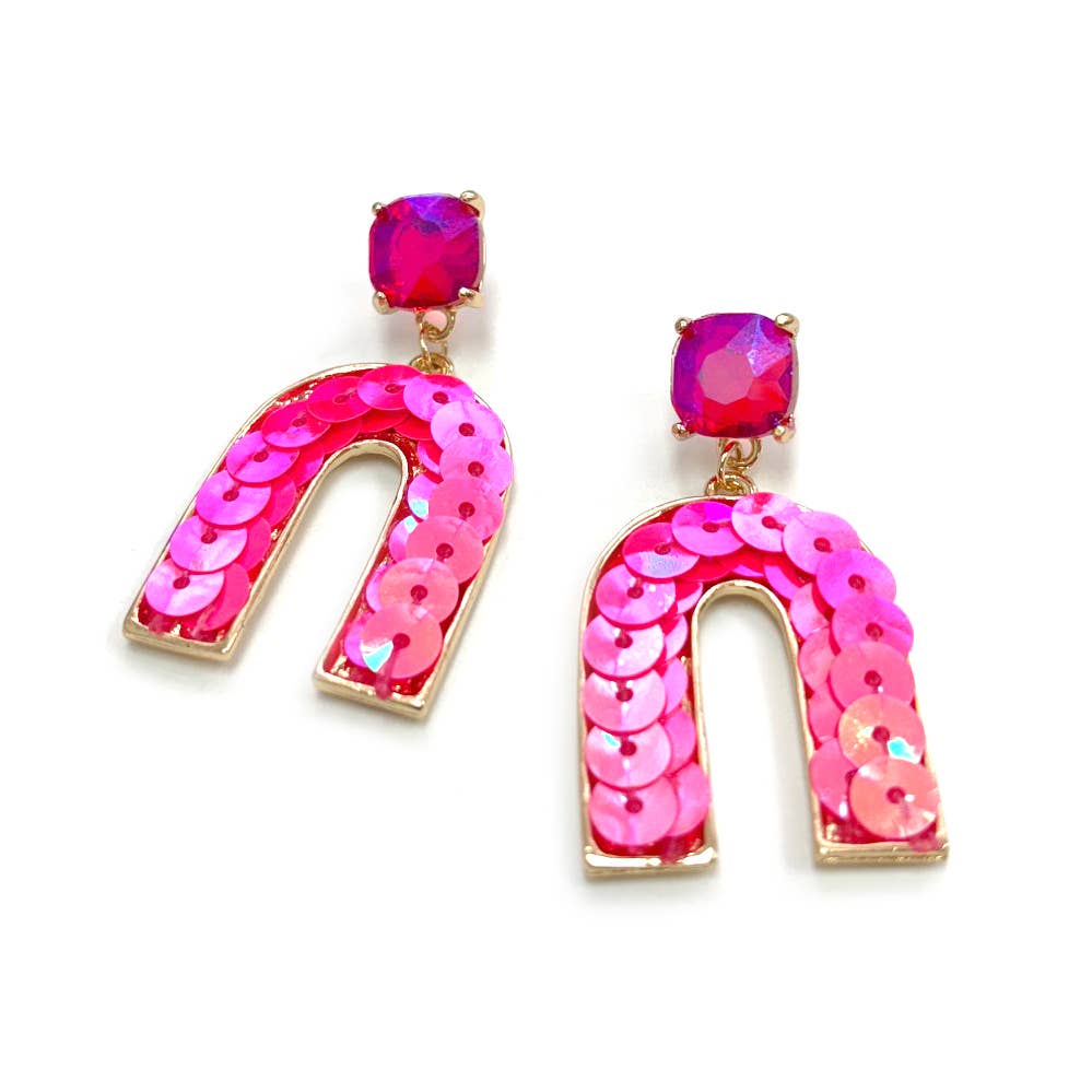 StarryNYC - Wholesale Dangle Earrings - Cushion Cut Stone Post with Arch Sequin Dangle Earrings3