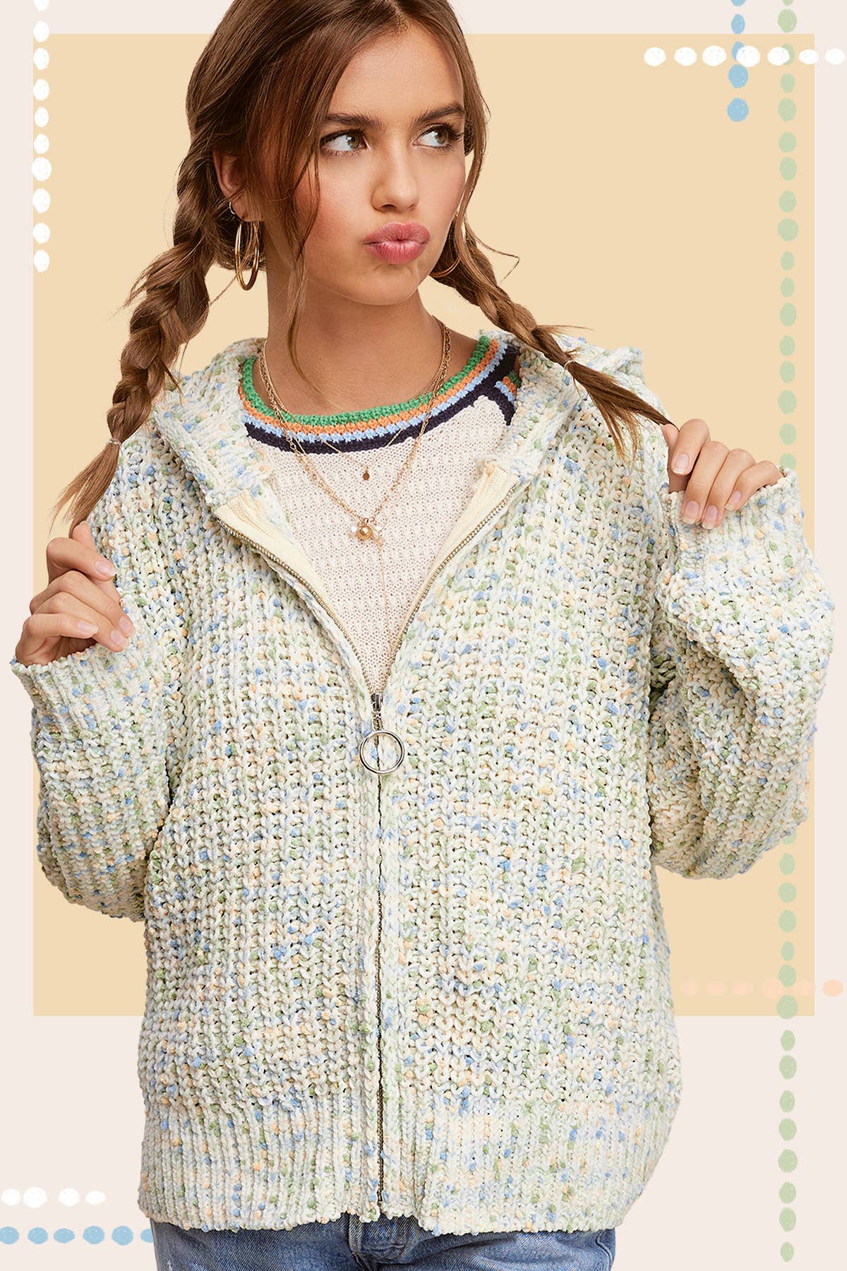 La Miel - Wholesale Hoodie - Women's - JCS3569-Multi Color Confetti Zip-Up Hoodie Sweater12