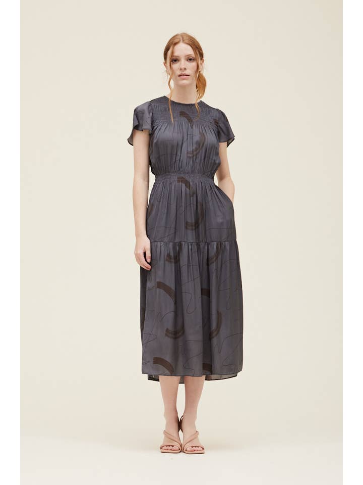 Grade & Gather - Wholesale Dress - Women's - 60884BS - SMOCKED DETAIL MIDI SATIN DRESS