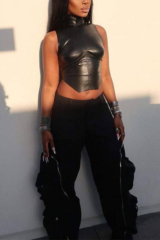 BLACK vinyl sleeveless top for wholesale on Faire3