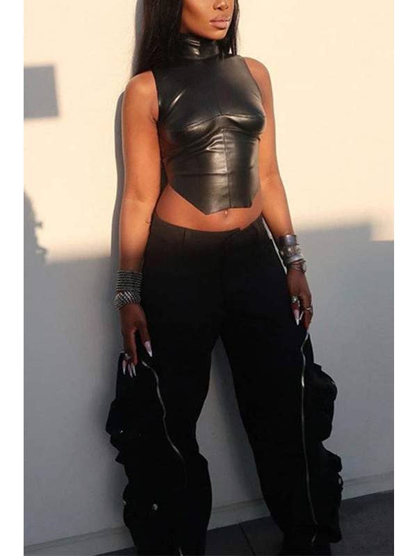 BLACK vinyl sleeveless top for wholesale on Faire3