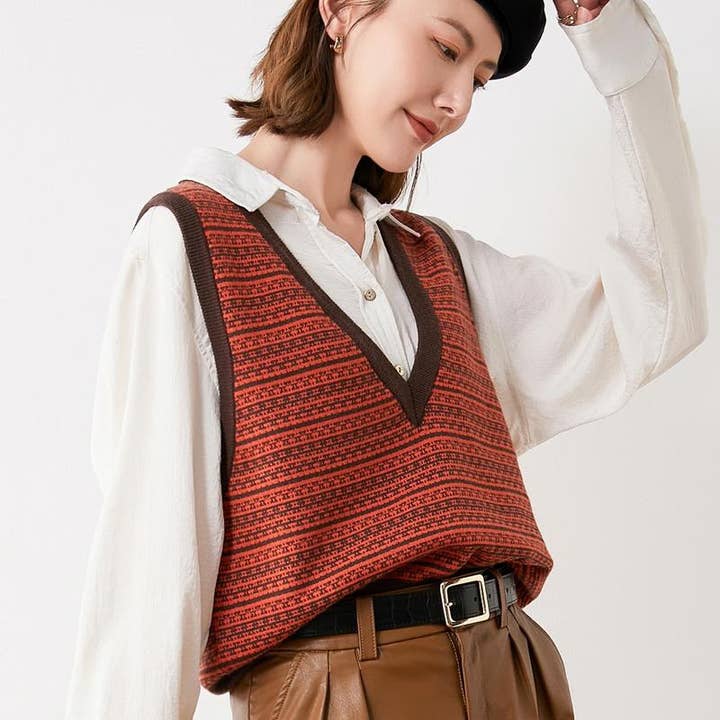 ePretty - Wholesale Sweater Vest - Women's - EP-SW2147 Fair Isle Knit V-Neck Sweater Vest