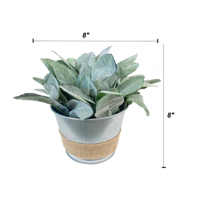 8" Faux Frosted lambs Ear table centerpiece Galvanized Pot for wholesale by Angel Isabella