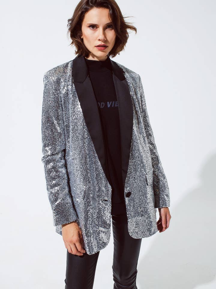 Silver Silver Sequin smokingkavaj med satinsvarta kavajer för wholesale på Faire