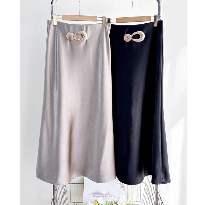 X0268LD Satin Midi Skirt with Gold Buckle Detail for wholesale by XHHH Inc